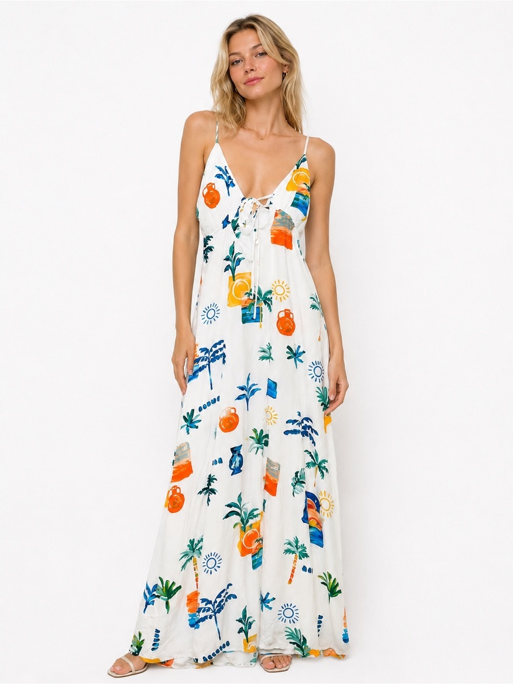 Paper Heart Coastal Palms Print Maxi Dress Size XS Summer Beachwear Tropical